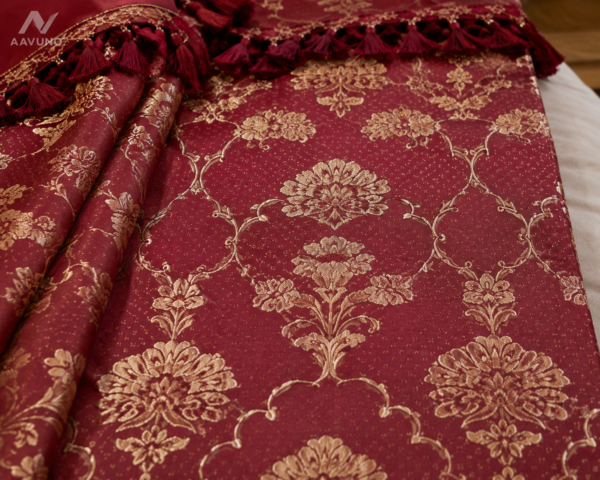Maroon Kumarkhali silk bed cover embroidery detail