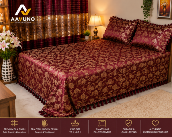 Maroon embroidered king size bed cover design