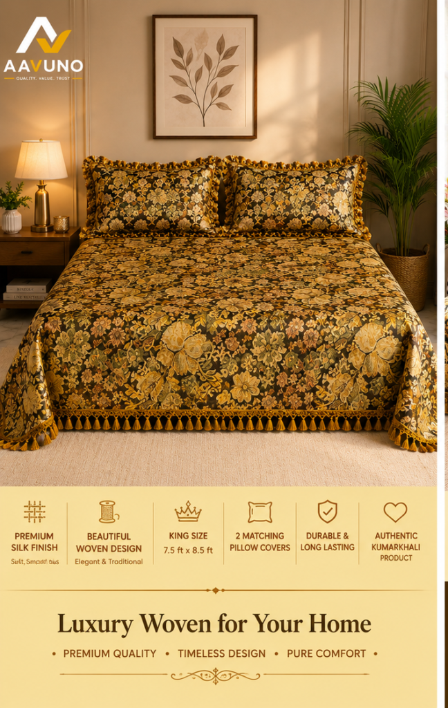 AAVUNO premium golden olive floral silk embroidered king size bed cover with matching pillow covers
