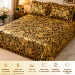 AAVUNO premium golden olive floral silk embroidered king size bed cover