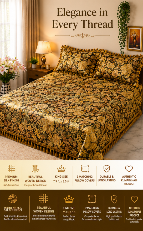AAVUNO premium golden olive floral silk embroidered king size bed cover