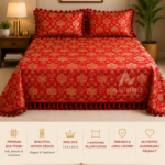 Red silk embroidered bed cover in Bangladesh