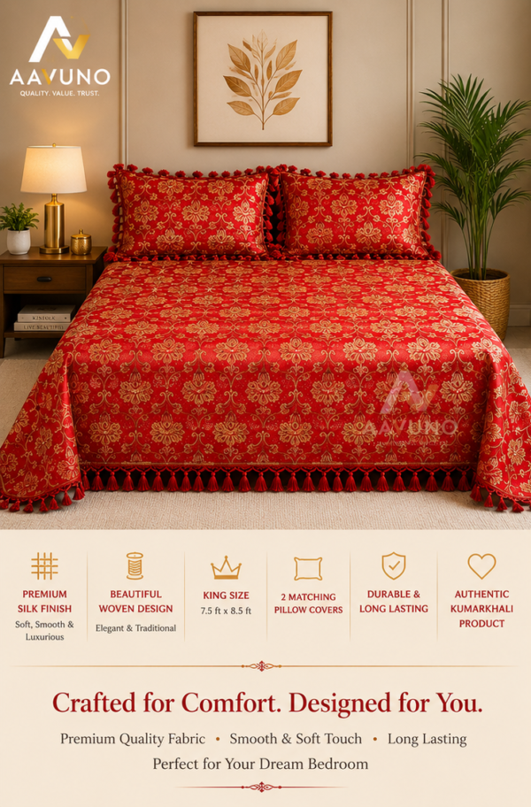 Red silk embroidered bed cover in Bangladesh
