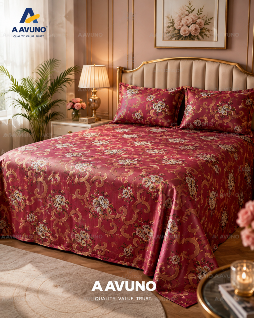 AAVUNO Rose Red Floral Silk Embroidered King Size Bed Cover with 2 Pillow Covers
