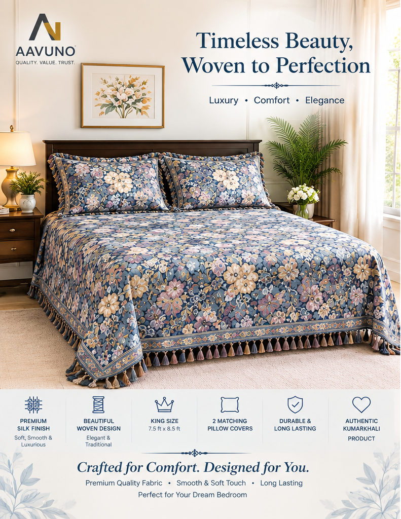 Premium Multicolor Floral Silk Embroidered King Size Bed Cover with 2 Pillow Covers