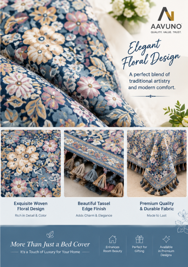 AAVUNO multicolor floral silk embroidered king size bed cover.