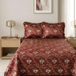 AAVUNO Rose Red Floral Silk Embroidered King Size Bed Cover.