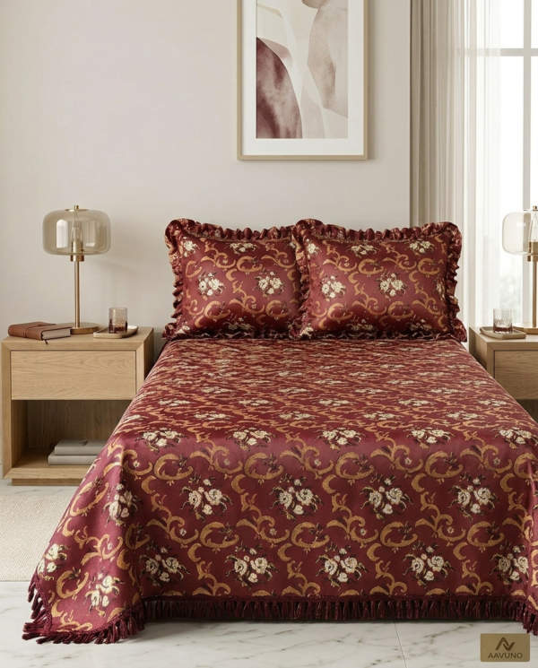 AAVUNO Rose Red Floral Silk Embroidered King Size Bed Cover.