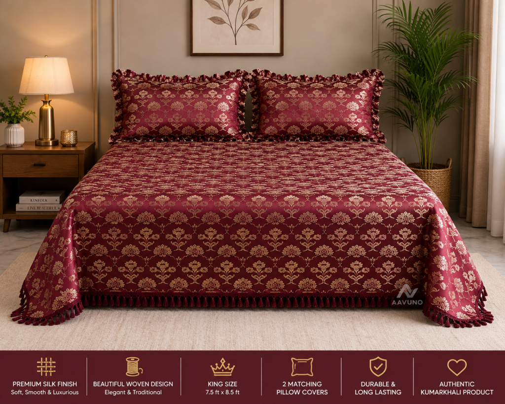 Premium silk embroidered bed cover.