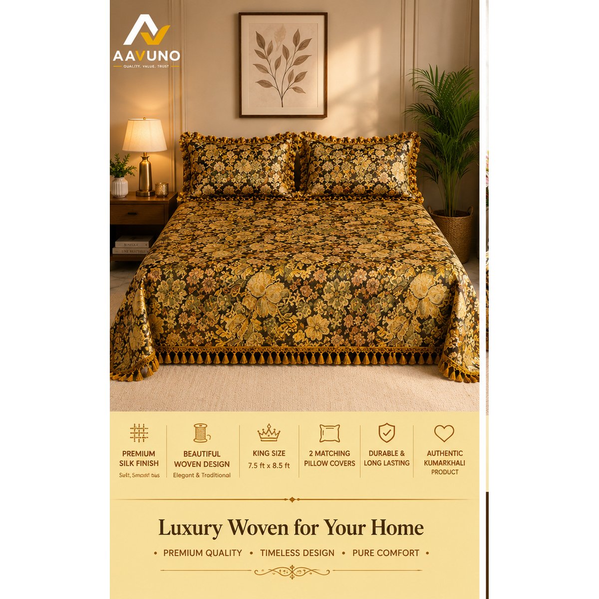 AAVUNO premium golden olive floral silk embroidered king size bed cover