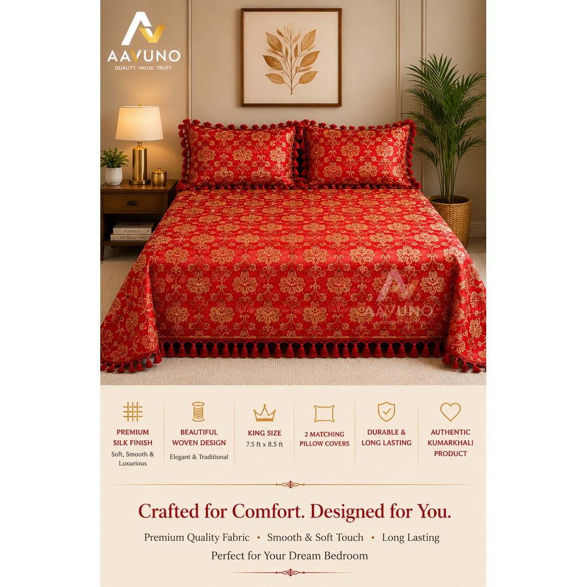 Premium embroidered Red bed covers by AAVUNO