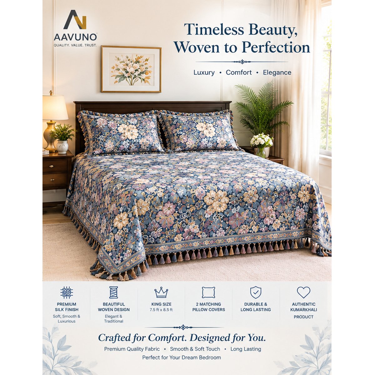 AAVUNO multicolor floral silk embroidered king size bed cover