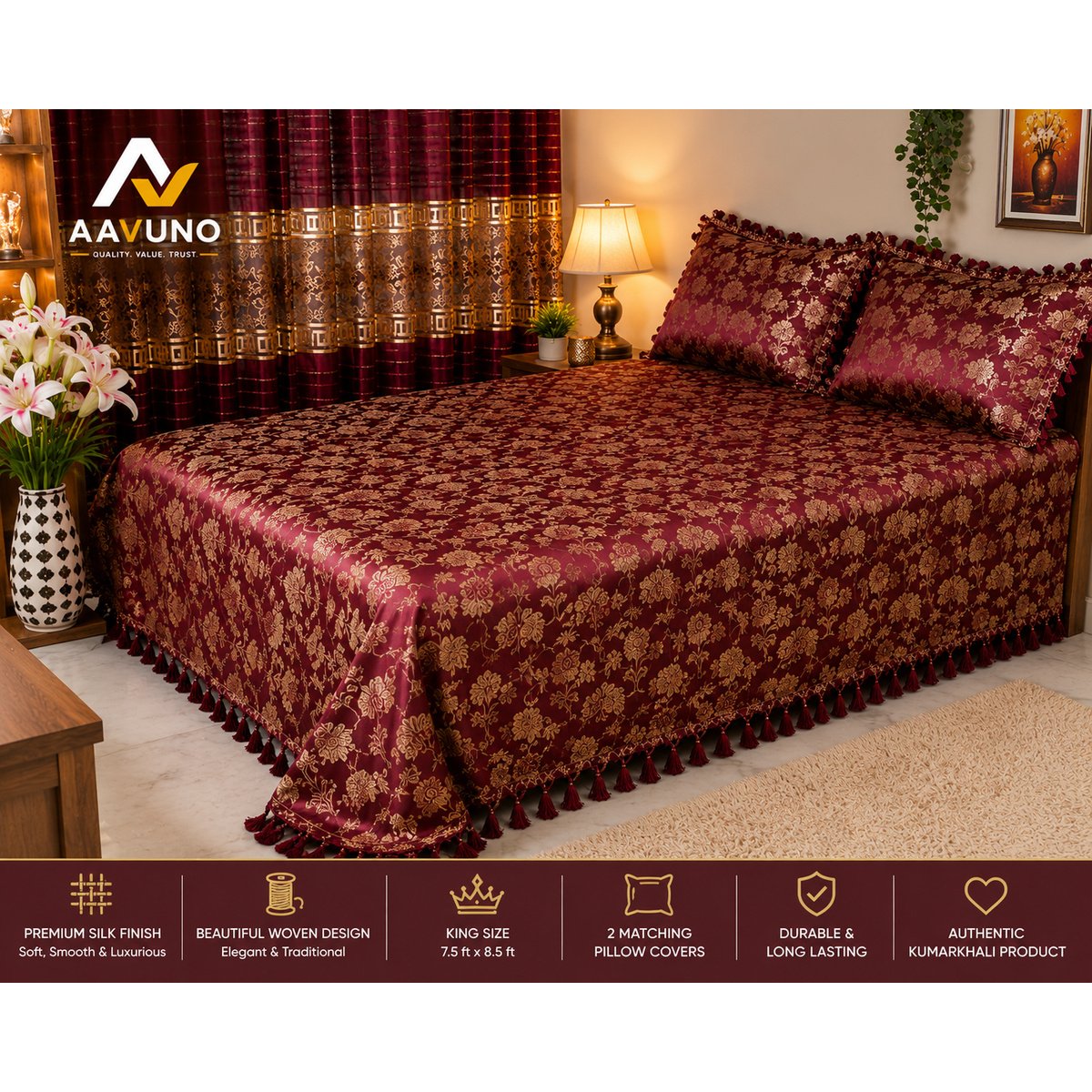 Premium silk embroidered Merun bed cover.