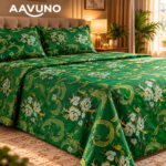 Bottle Green Floral Silk Bed Cover with Pillow Covers