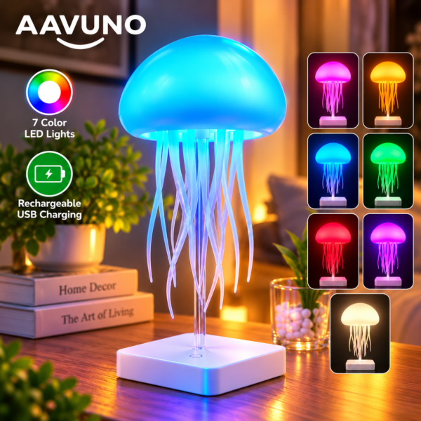 AAVUNO rechargeable jellyfish lamp with sky blue LED lighting, white plastic base and seven colorful lighting options for home decoration.