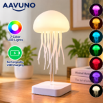 AAVUNO jellyfish LED lamp in Bangladesh with warm white lighting, rechargeable USB power, white plastic base and multiple color options.