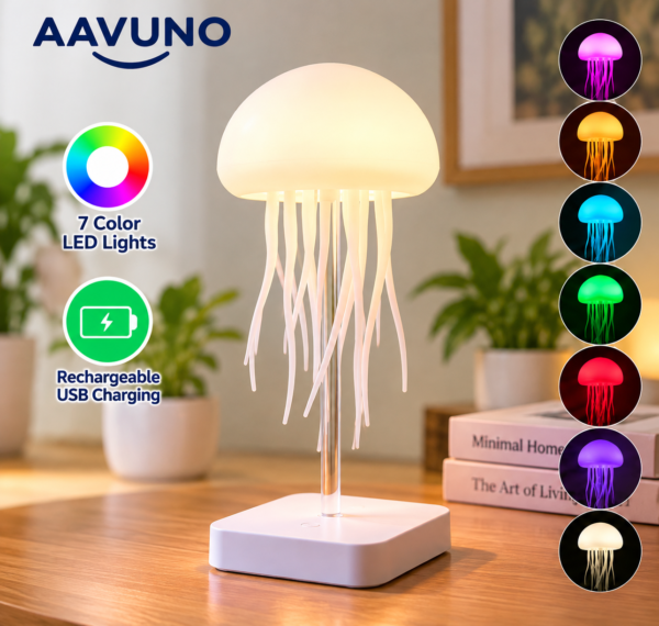 AAVUNO jellyfish LED lamp in Bangladesh with warm white lighting, rechargeable USB power, white plastic base and multiple color options.