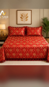 Red Silk Embroidered Bed Cover in Bangladesh – King Size Floral Bed Cover with 2 Pillow Covers by AAVUNO